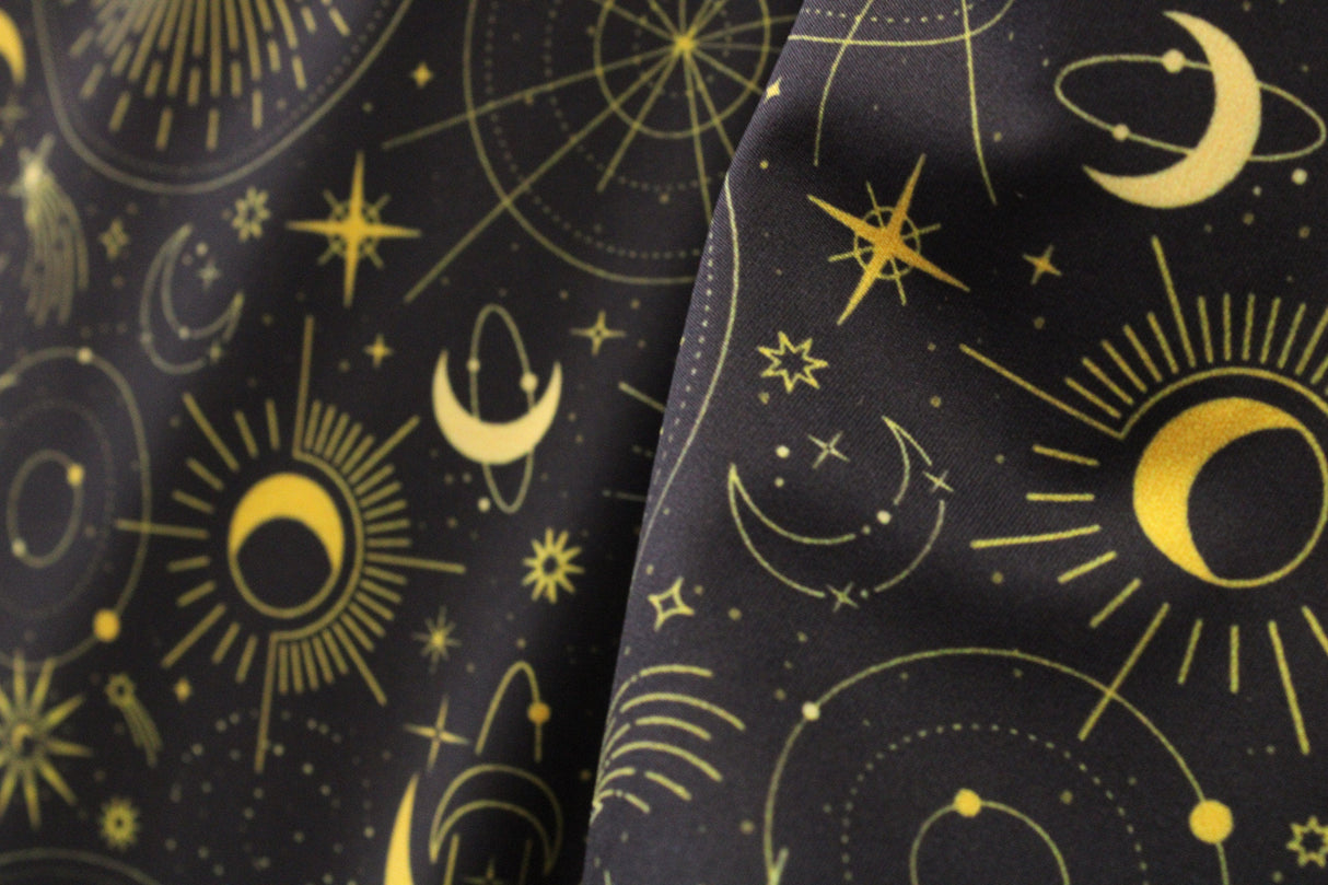 Black & Gold Midnight Sky Polyester Spandex Fabric - Black And Gold Printed, 58/60" Width (1 Yard)