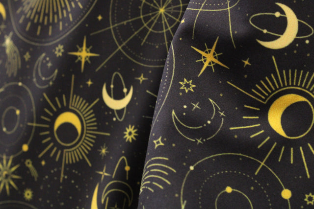 Black & Gold Midnight Sky Polyester Spandex Fabric - Black And Gold Printed, 58/60" Width (1 Yard)