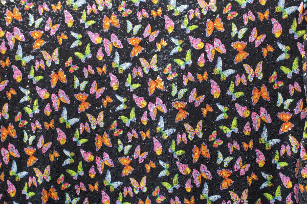 Butterflies 4-Way Stretch Sequin Mesh Fabric - Printed Butterflies, 36" X 60" (1 Yard)