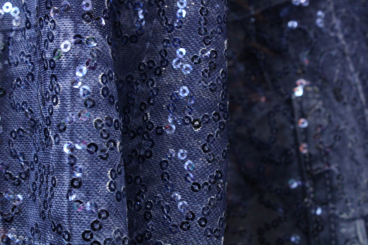 Denim Patchwork Stretch Sequin Mesh Fabric - Denim Patchwork Print, 36" X 60" (1 Yard)