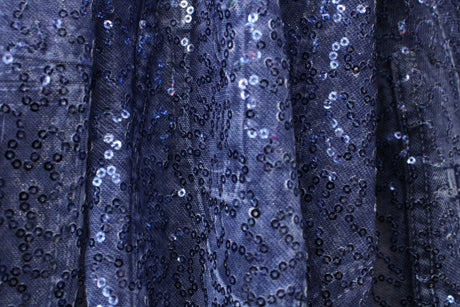 Denim Patchwork Stretch Sequin Mesh Fabric - Denim Patchwork Print, 36" X 60" (1 Yard)