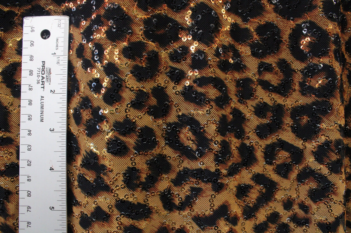 Amber Cheetah Stretch Sequin Mesh Fabric - Amber Cheetah Print, 36" X 60" (1 Yard)
