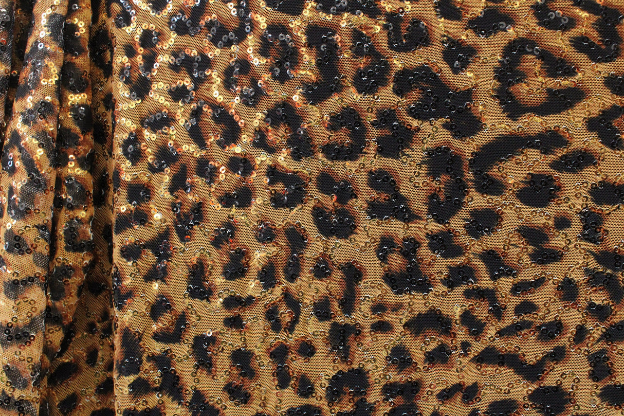 Amber Cheetah Stretch Sequin Mesh Fabric - Amber Cheetah Print, 36" X 60" (1 Yard)
