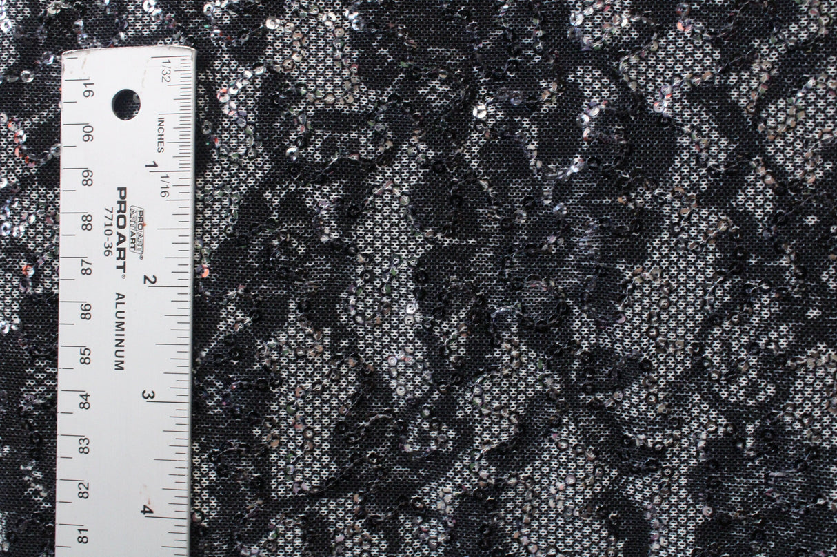 Black Lace 4-Way Stretch Sequin Mesh Fabric - Black Lace, 36" X 60" (1 Yard)