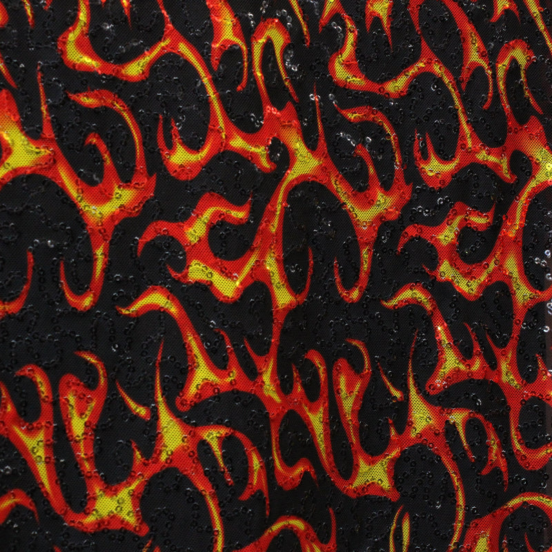 Flames Stretch Sequin Mesh Fabric - Red Flame Print, 36" X 60" (1 Yard)