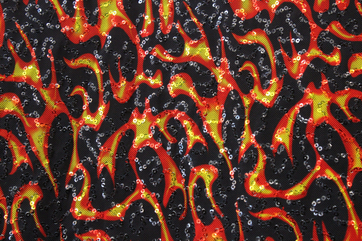 Flames Stretch Sequin Mesh Fabric - Red Flame Print, 36" X 60" (1 Yard)