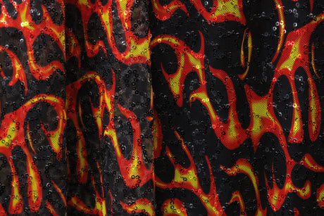 Flames Stretch Sequin Mesh Fabric - Red Flame Print, 36" X 60" (1 Yard)