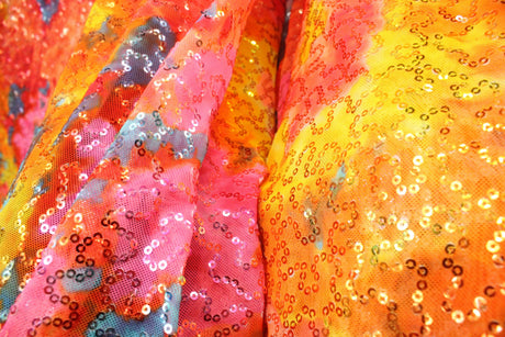 Rainbow Tie Dye Stretch Sequin Mesh Fabric - Rainbow Tie Dye Print, 36" X 60" (1 Yard)