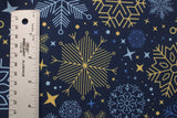 Blue And Gold Snowflakes Polyester Spandex Fabric - Blue And Gold Snowflakes, 58/60" Width (1 Yard)
