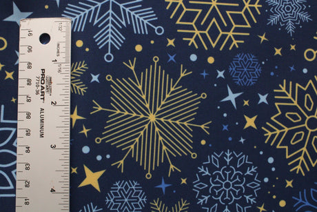 Blue And Gold Snowflakes Polyester Spandex Fabric - Blue And Gold Snowflakes, 58/60" Width (1 Yard)