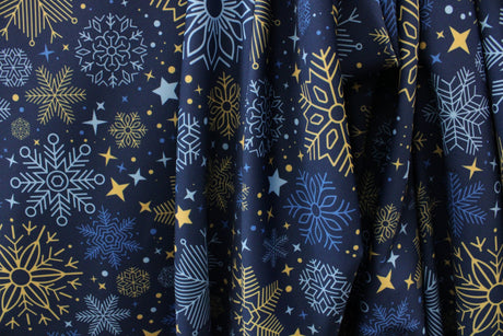 Blue And Gold Snowflakes Polyester Spandex Fabric - Blue And Gold Snowflakes, 58/60" Width (1 Yard)