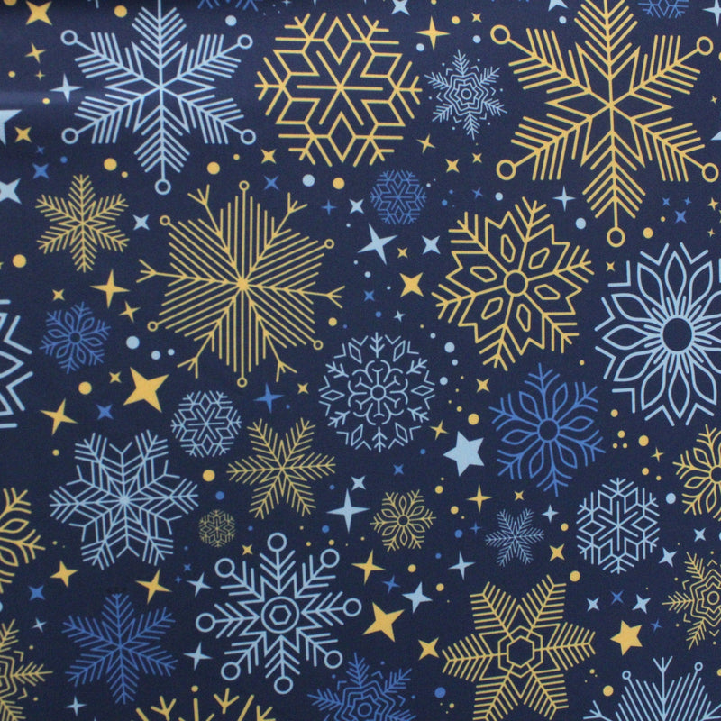 Blue And Gold Snowflakes Polyester Spandex Fabric - Blue And Gold Snowflakes, 58/60" Width (1 Yard)