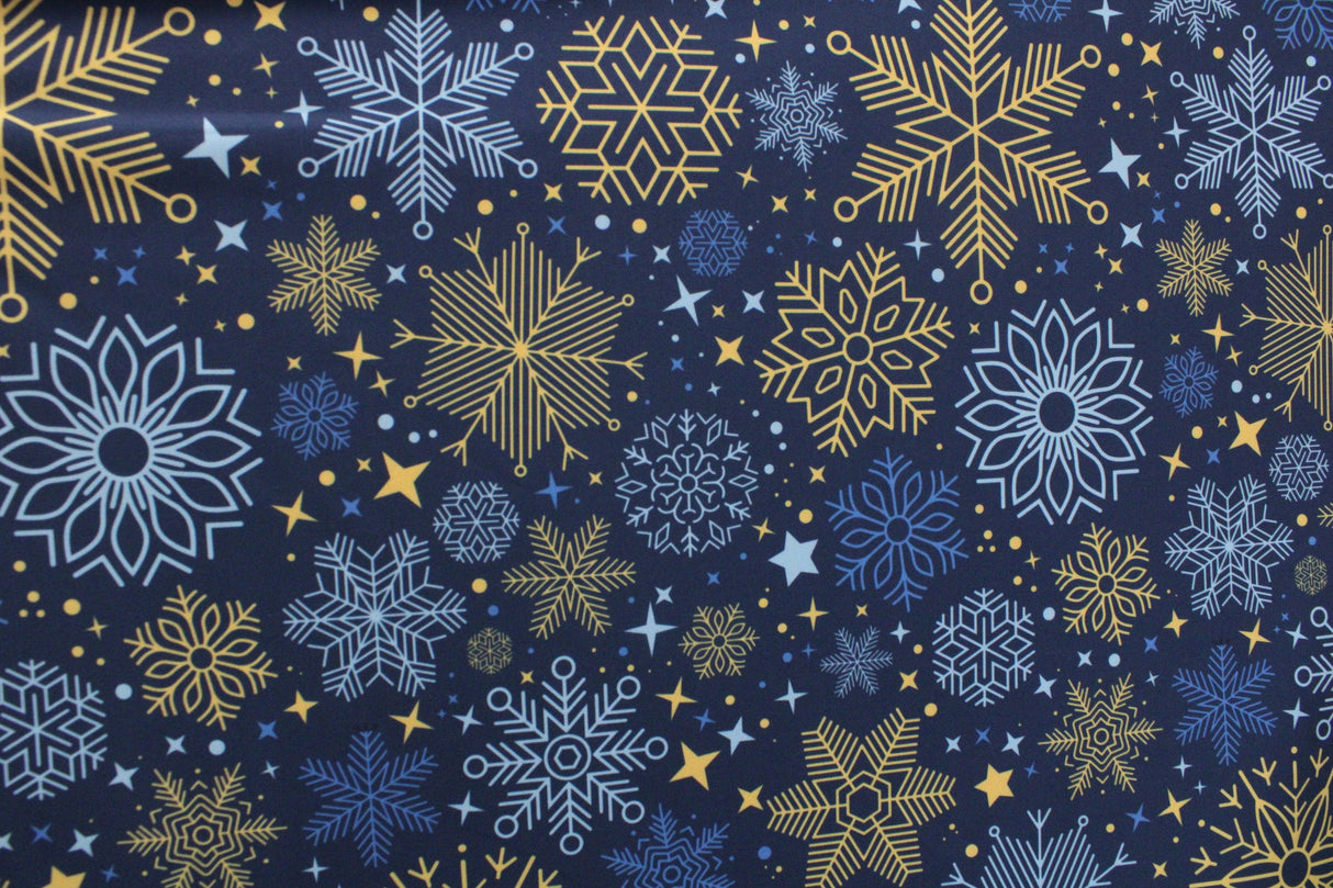 Blue And Gold Snowflakes Polyester Spandex Fabric - Blue And Gold Snowflakes, 58/60" Width (1 Yard)