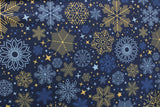 Blue And Gold Snowflakes Polyester Spandex Fabric - Blue And Gold Snowflakes, 58/60" Width (1 Yard)