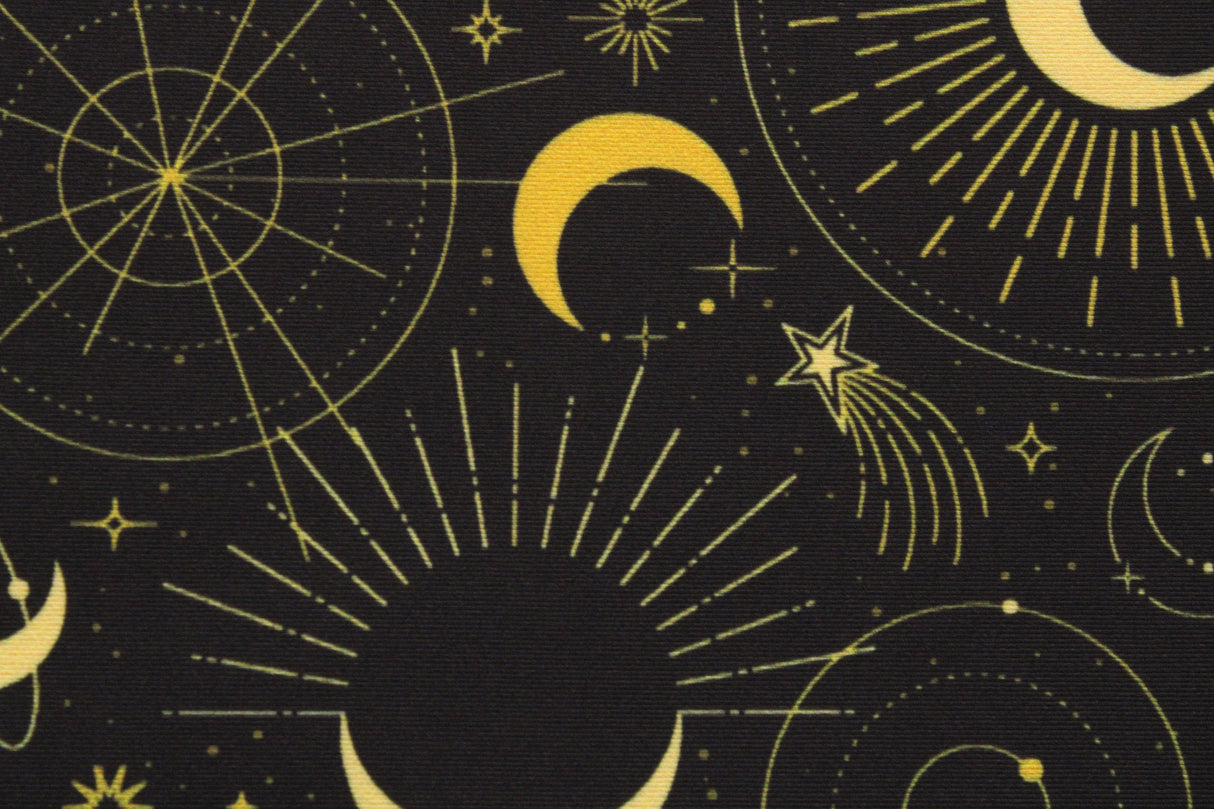 Black & Gold Midnight Sky Polyester Spandex Fabric - Black And Gold Printed, 58/60" Width (1 Yard)
