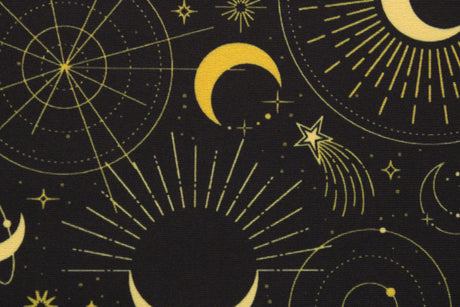 Black & Gold Midnight Sky Polyester Spandex Fabric - Black And Gold Printed, 58/60" Width (1 Yard)