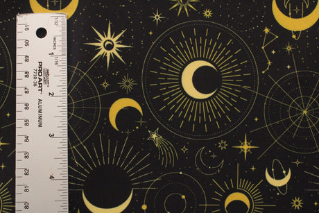 Black & Gold Midnight Sky Polyester Spandex Fabric - Black And Gold Printed, 58/60" Width (1 Yard)