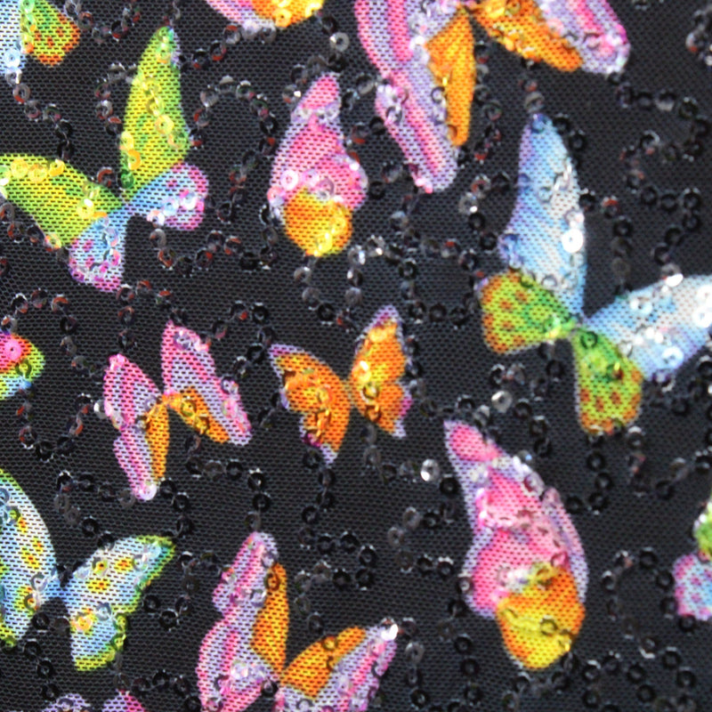 Butterflies 4-Way Stretch Sequin Mesh Fabric - Printed Butterflies, 36" X 60" (1 Yard)