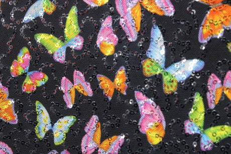 Butterflies 4-Way Stretch Sequin Mesh Fabric - Printed Butterflies, 36" X 60" (1 Yard)