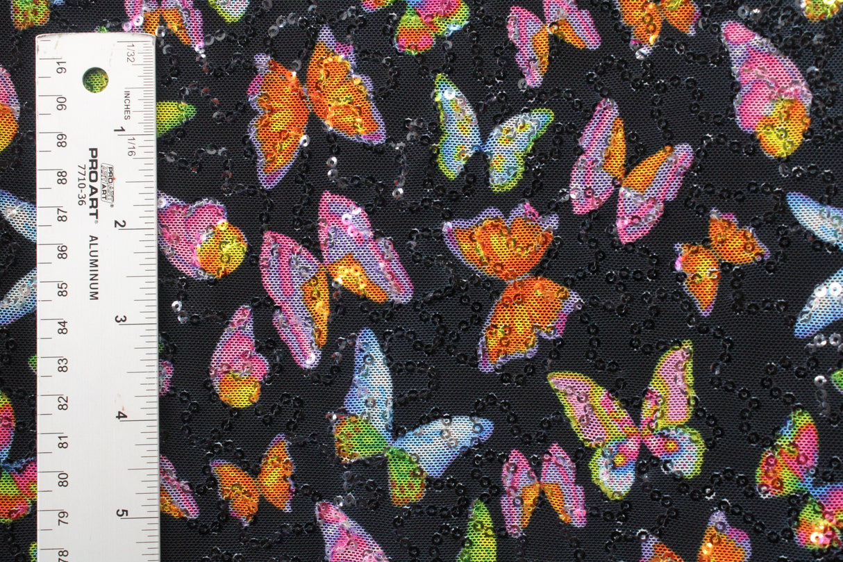 Butterflies 4-Way Stretch Sequin Mesh Fabric - Printed Butterflies, 36" X 60" (1 Yard)