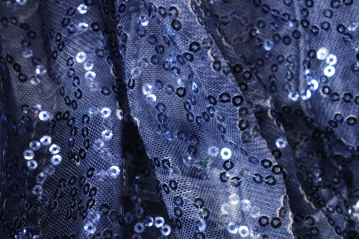 Denim Patchwork Stretch Sequin Mesh Fabric - Denim Patchwork Print, 36" X 60" (1 Yard)
