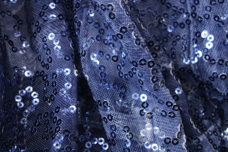 Denim Patchwork Stretch Sequin Mesh Fabric - Denim Patchwork Print, 36" X 60" (1 Yard)