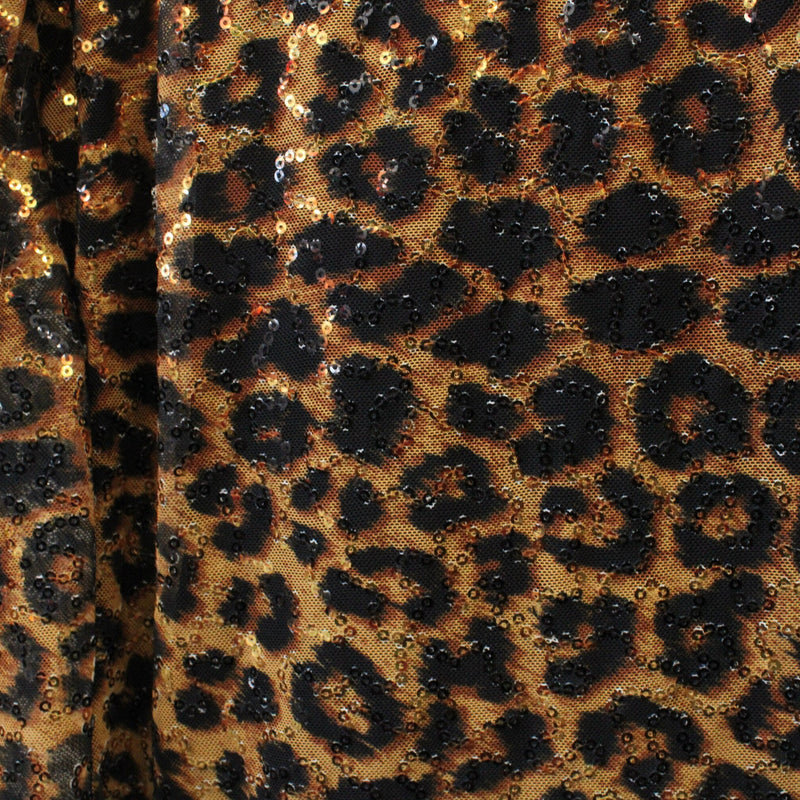 Amber Cheetah Stretch Sequin Mesh Fabric - Amber Cheetah Print, 36" X 60" (1 Yard)