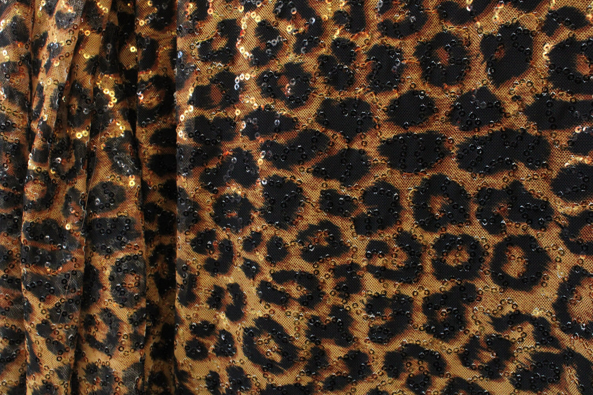 Amber Cheetah Stretch Sequin Mesh Fabric - Amber Cheetah Print, 36" X 60" (1 Yard)