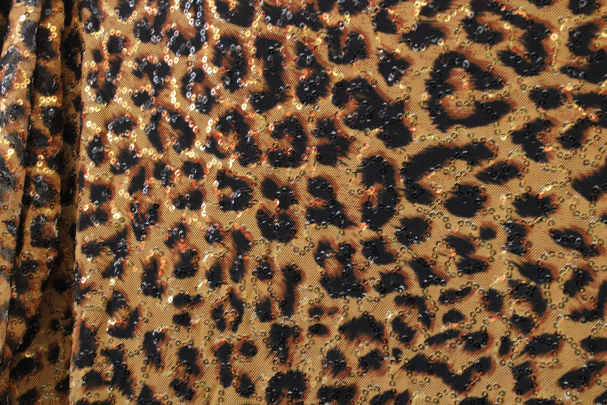 Amber Cheetah Stretch Sequin Mesh Fabric - Amber Cheetah Print, 36" X 60" (1 Yard)