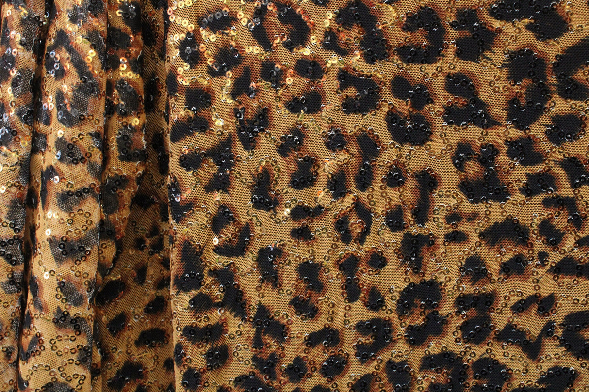 Amber Cheetah Stretch Sequin Mesh Fabric - Amber Cheetah Print, 36" X 60" (1 Yard)
