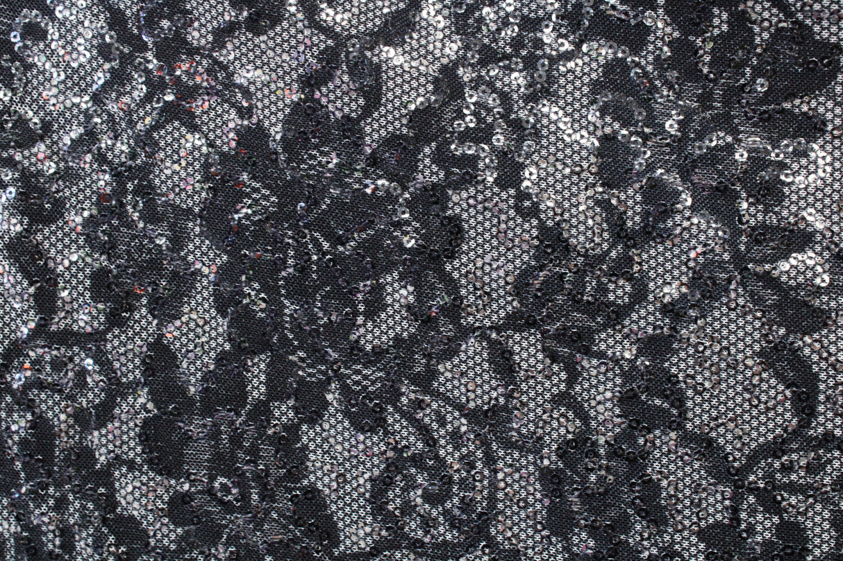 Black Lace 4-Way Stretch Sequin Mesh Fabric - Black Lace, 36" X 60" (1 Yard)