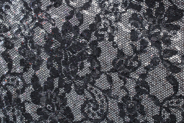 Black Lace 4-Way Stretch Sequin Mesh Fabric - Black Lace, 36" X 60" (1 Yard)