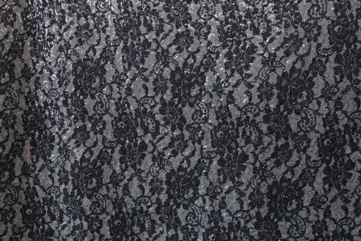 Black Lace 4-Way Stretch Sequin Mesh Fabric - Black Lace, 36" X 60" (1 Yard)