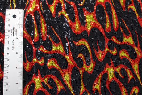 Flames Stretch Sequin Mesh Fabric - Red Flame Print, 36" X 60" (1 Yard)