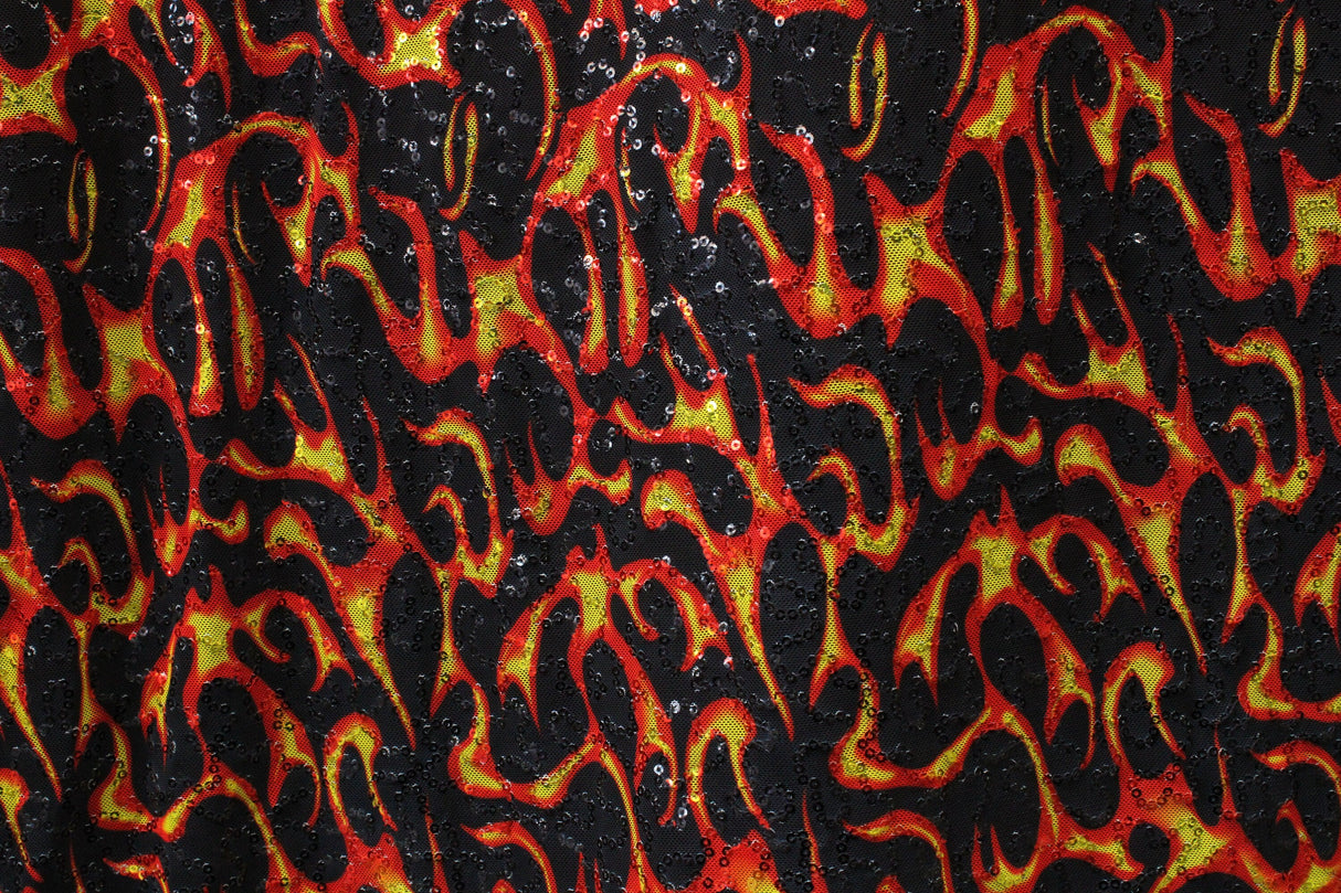 Flames Stretch Sequin Mesh Fabric - Red Flame Print, 36" X 60" (1 Yard)