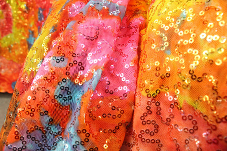 Rainbow Tie Dye Stretch Sequin Mesh Fabric - Rainbow Tie Dye Print, 36" X 60" (1 Yard)