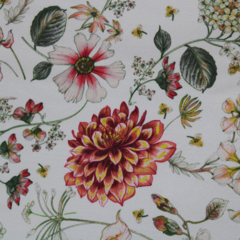 White Boho Floral Spandex Fabric - White Floral, 58"/60" Width (1 Yard)