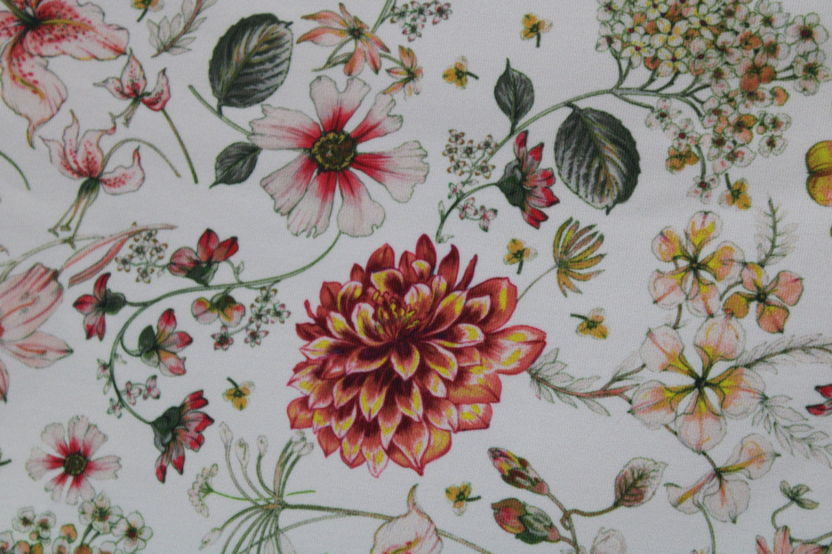 White Boho Floral Spandex Fabric - White Floral, 58"/60" Width (1 Yard)