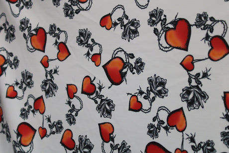 White Tattoo Hearts Polyester Spandex Fabric - Red, Black And White Tattoo Hearts, 58"/60" Width (Yard (36" X 60"))
