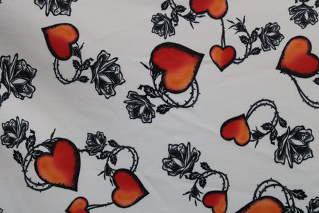 White Tattoo Hearts Polyester Spandex Fabric - Red, Black And White Tattoo Hearts, 58"/60" Width (Yard (36" X 60"))