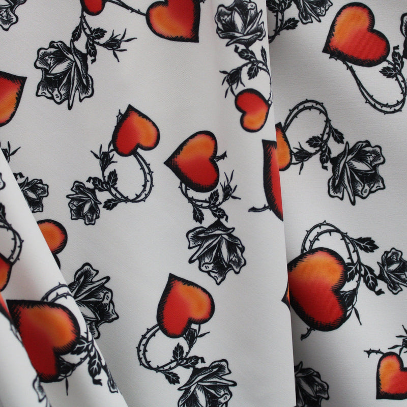 White Tattoo Hearts Polyester Spandex Fabric - Red, Black And White Tattoo Hearts, 58"/60" Width (Yard (36" X 60"))