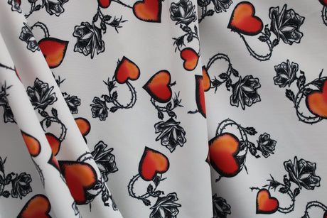 White Tattoo Hearts Polyester Spandex Fabric - Red, Black And White Tattoo Hearts, 58"/60" Width (Yard (36" X 60"))