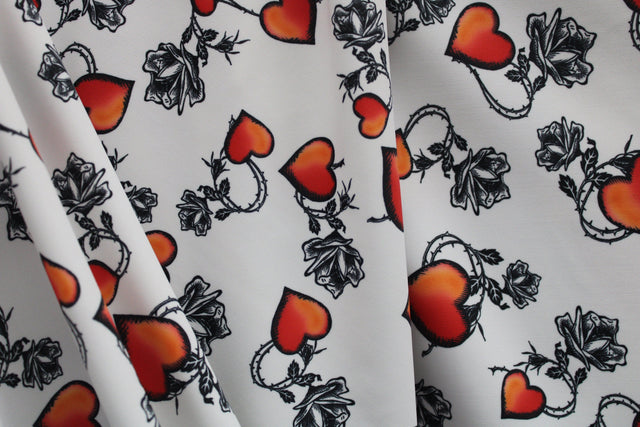 White Tattoo Hearts Polyester Spandex Fabric - Red, Black And White Tattoo Hearts, 58"/60" Width (Yard (36" X 60"))