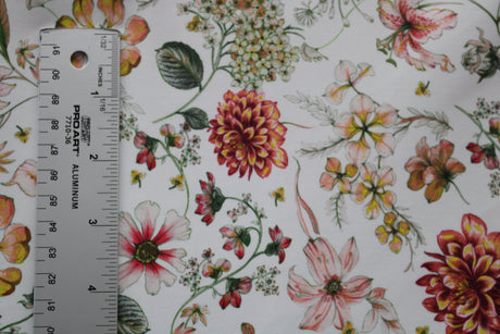 White Boho Floral Spandex Fabric - White Floral, 58"/60" Width (1 Yard)