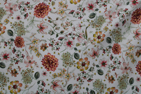 White Boho Floral Spandex Fabric - White Floral, 58"/60" Width (1 Yard)