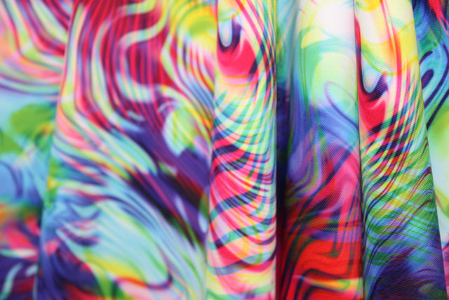 Rainbow Vortex Illusion Spandex Fabric - Multicolor Abstract Print, 58"/60" Width (1 Yard)