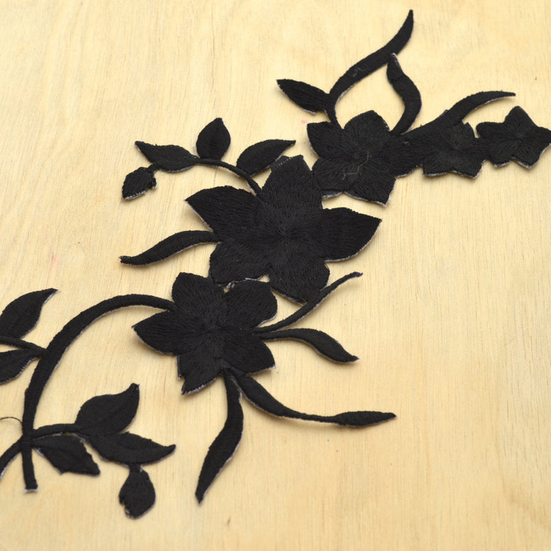 Embroidered Flower Patch Black Iron-On Applique