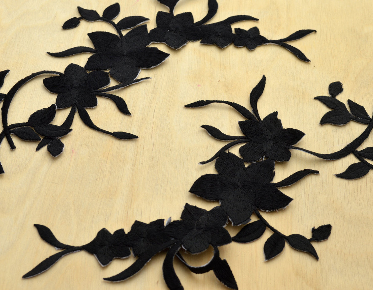 Embroidered Flower Patch Black Iron-On Applique