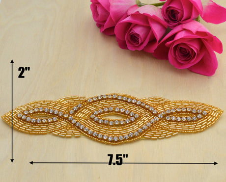 Rhinestone Applique Gold Beaded Iron-On