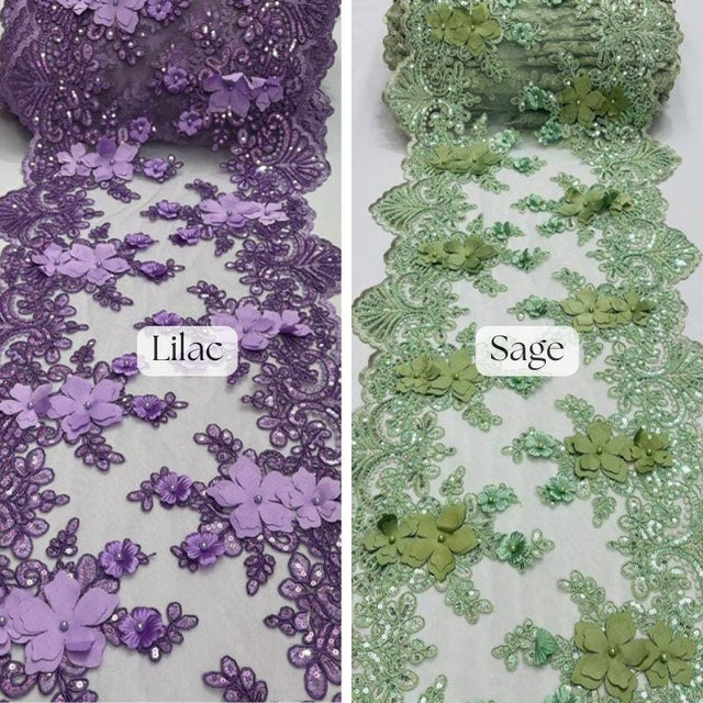 Beaded Lace Table Runner With Pearls And Sequins 3D Embroidered Lace Fabric - Baby Blue, 13" Wide
